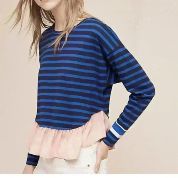 Anthropologie Deletta Ruffled 2Fer Rugby Pullover Stripe NWT Top Blouse Size XS - Picture 1 of 10